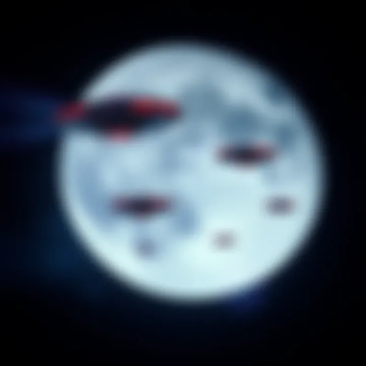 Multiple unidentified flying objects hovering close to the Moon's surface, sparking interest among scientists.