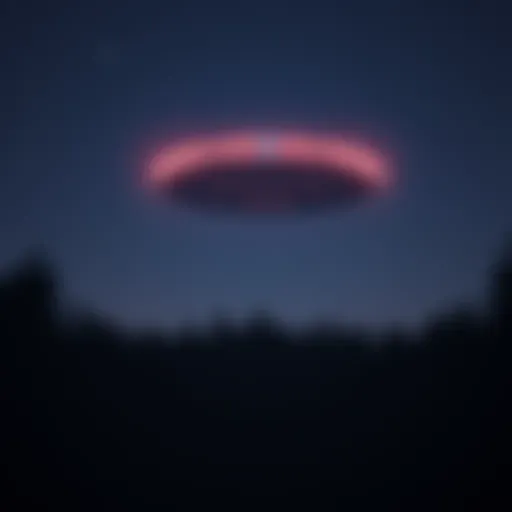 UFOs in the Night Sky A bright UFO hovering above a dark forest at night, with glowing lights and a clear starry sky