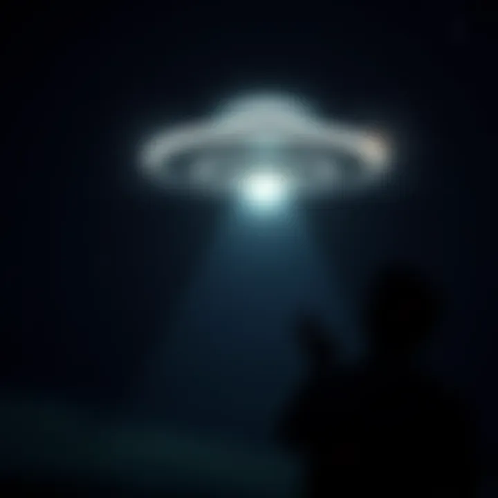 A bright UFO hovering in a dark night sky, stars visible, with a silhouette of a person gazing up in awe.