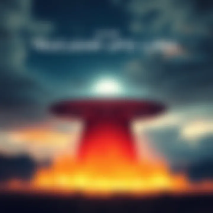 UFOs Over Nuclear Test Site A bright UFO hovering above a nuclear test site, with a dramatic sky in the background, highlighting the rise in sightings after nuclear tests.