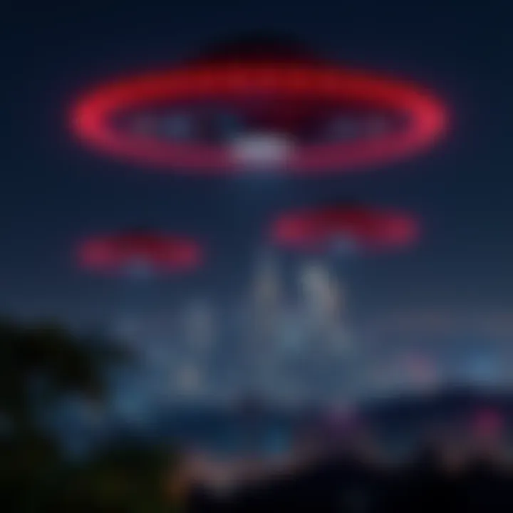 A group of UFOs hovering above a city skyline at night, with lights shining brightly in the dark sky.