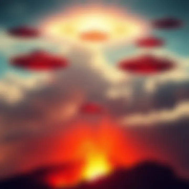 Several unidentified flying objects seen above an erupting volcano, sparking alien travel theories.