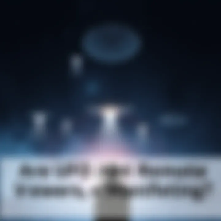 UFOs in a night sky A dark sky filled with bright lights representing UFOs, with a silhouette of a person looking up, suggesting a connection to remote viewing or ghosts.