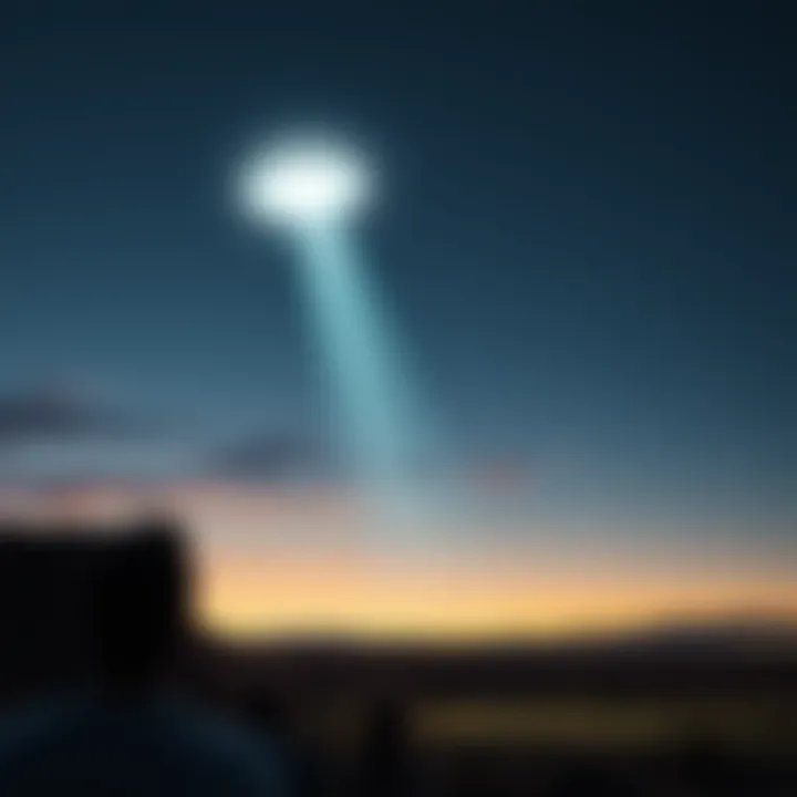 A bright unidentified flying object in the night sky above a New Mexico landscape, with people looking up in awe.