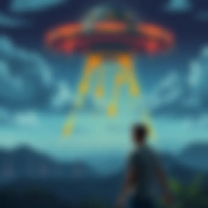 Illustration of a UFO above a Brazilian landscape with hot oil splashing on a person below, showing fear and confusion.
