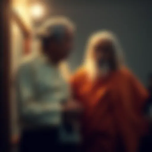 Photo showing U.G. Krishnamurti standing next to J. Krishnamurti, both engaged in conversation.