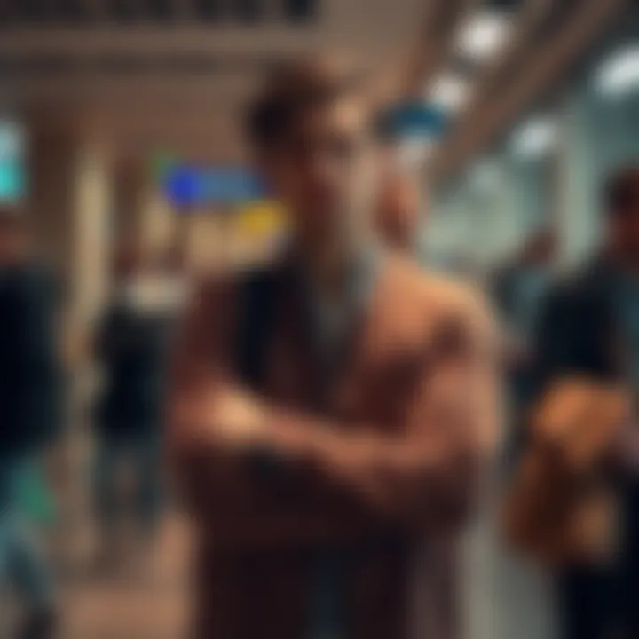 Person with closed body language A person with crossed arms and a frown, giving off an unapproachable vibe in a public space.