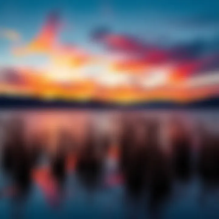 A striking photo of a sunset over a calm lake, capturing vivid colors and reflections