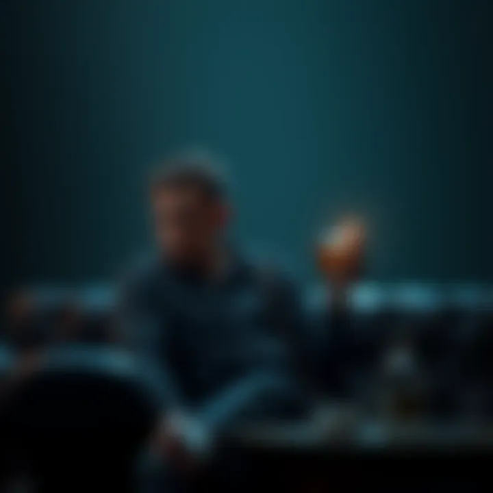 A man sitting alone in a dimly lit room, looking distressed with a drink in hand, showing signs of isolation and struggle.