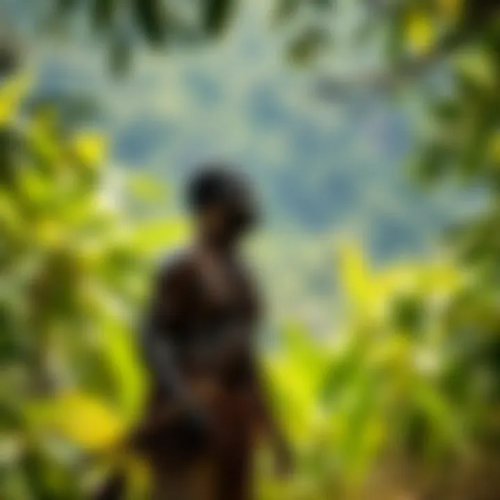 A member of an uncontacted tribe stands in a lush forest, observing their surroundings with caution.