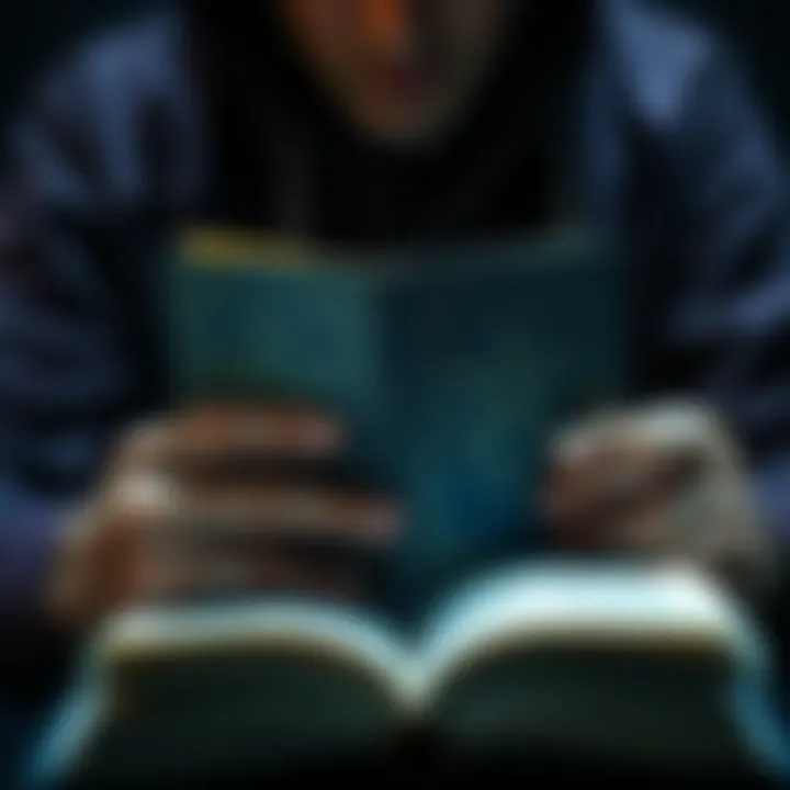 A person reading a book with a pentagram symbol on the cover, symbolizing the connection between knowledge and empowerment in Satanism.