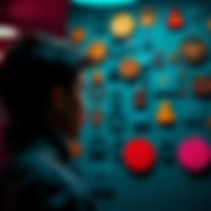 A person looking at various authenticity symbols on a wall, representing the quest for legitimacy in 2025.