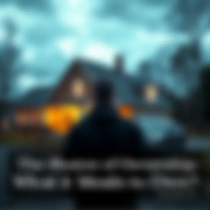 Understanding Ownership A person stands with a house and car in the background, symbolizing the concept of ownership and societal laws, looking thoughtful.