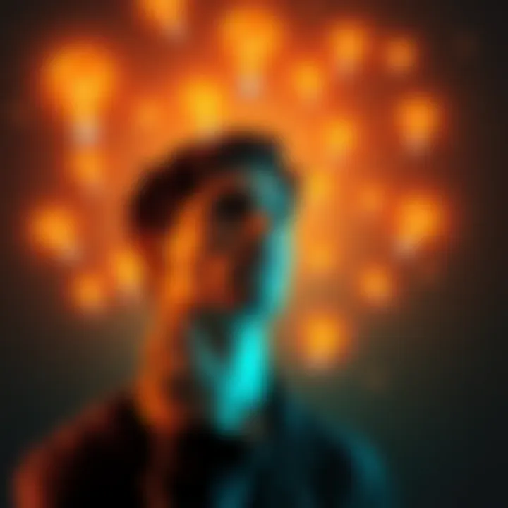 A person thinking deeply about subliminal messages and their effects, with lightbulb ideas floating around them.