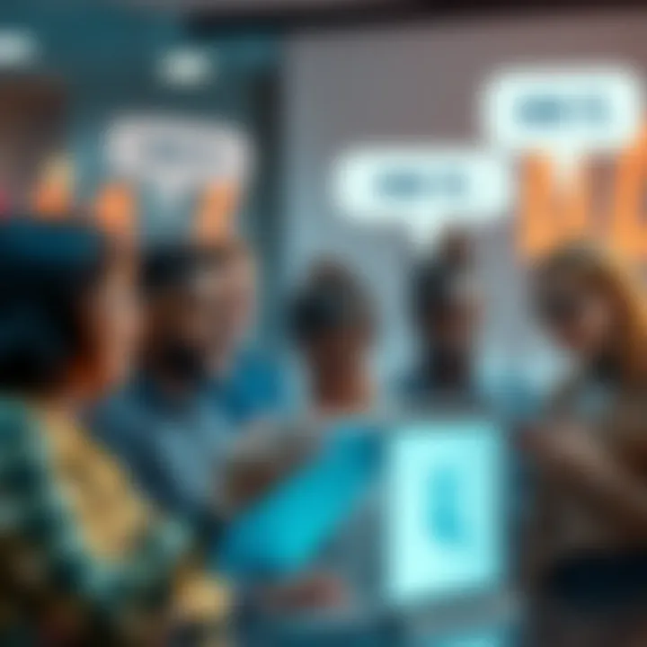 A group of people discussing the phrase '44 f' on a digital forum, showing curiosity and engagement, with chat bubbles around them.