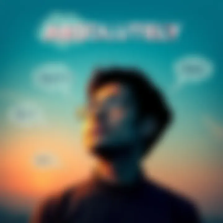 A person pondering the concept of 'Absolutely' with thought bubbles showing different interpretations and insights.