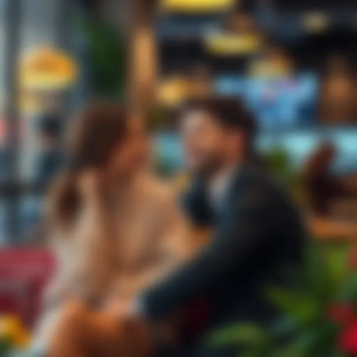 A couple sitting together looking at each other, with smiles indicating mutual feelings. The setting is a casual coffee shop environment.