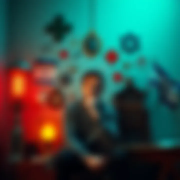 A person sitting with a thoughtful expression, surrounded by symbols representing Judaism and Zionism, indicating a mix of ideas and perspectives.