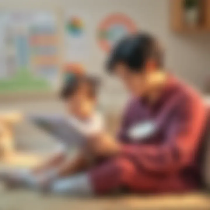 A parent studies BaZi charts while sitting with a young child, looking at colorful diagrams and notes, aiming to learn about the child's needs and nature.