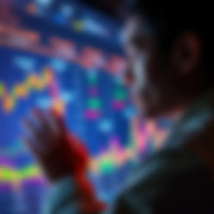 A person studying a colorful chart with various symbols and lines, looking thoughtful and engaged.