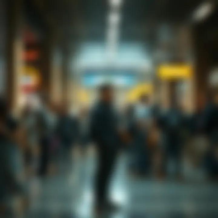 A person with a contemplative expression stands apart from a group of people chatting and interacting, highlighting the theme of social detachment while seeming to attract attention.