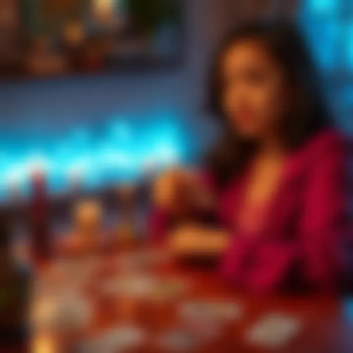 A person sitting at a table with tarot cards spread out, looking thoughtfully at the cards while holding one in hand, symbolizing emotional interpretation and insight