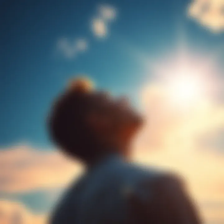 A person looking up at a bright sky, contemplating the concept of God and existence.