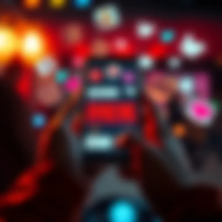 Understanding IYKYK Phrase A person looking at a phone with text messages featuring the phrase 'IYKYK' on the screen, surrounded by social media icons