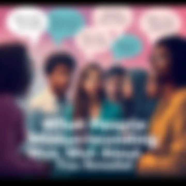 Understanding Misunderstandings A group of diverse people sharing their thoughts and feelings in an open discussion about how they are perceived, with speech bubbles showing various traits.