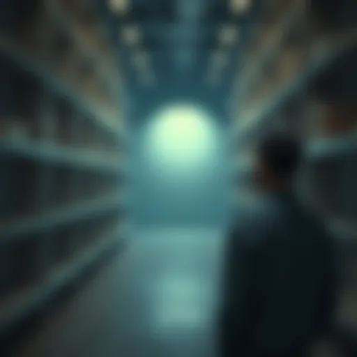 A thoughtful person standing in front of empty shelves, reflecting on the meaning of ownership and freedom.