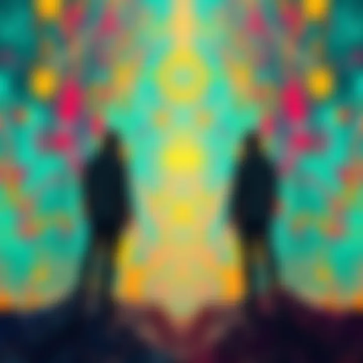Two figures standing on different layers of a colorful abstract background, each looking at their own perspective of reality.