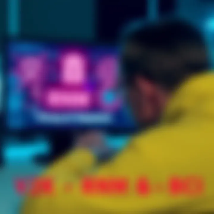 A person looking at a computer screen with various technology symbols representing V2K, RNM, and BCI, showing concern for privacy rights.