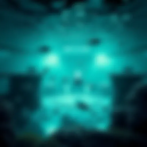 An artist's depiction of an underwater base with alien technology surrounded by marine life.