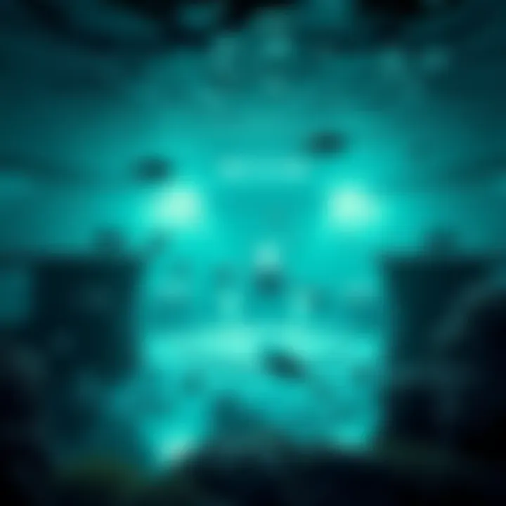 An artist's depiction of an underwater base with alien technology surrounded by marine life.