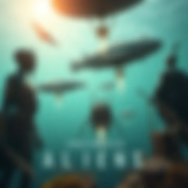 An artistic depiction of underwater aliens resembling the Nivatakavachas, with ancient flying machines called Vimanas, amidst oceanic scenery.