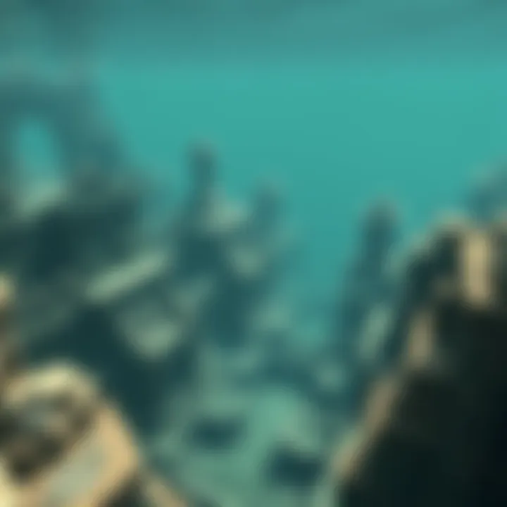 Underwater ruins of an ancient city View of submerged buildings and structures in clear water representing an ancient underwater city