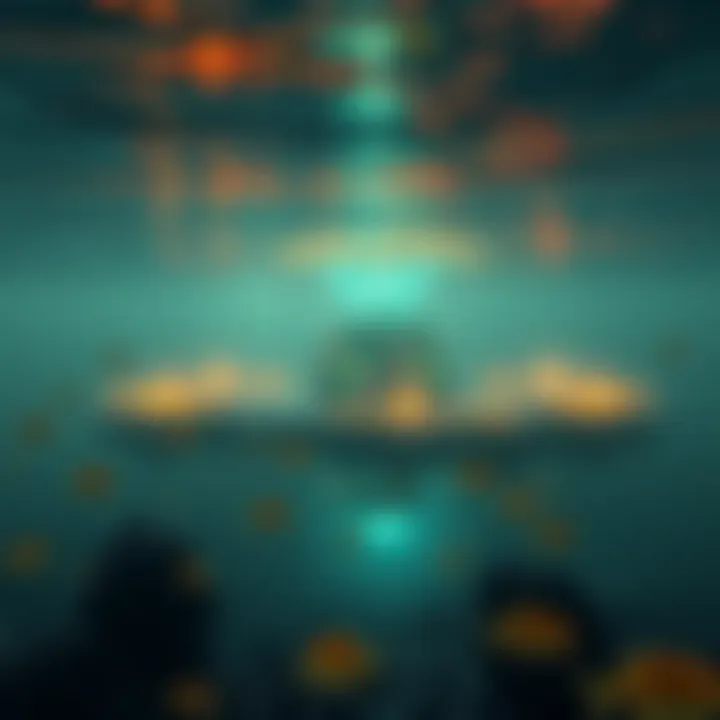 An artistic rendering of a submerged alien base with glowing structures in dark water, surrounded by marine life