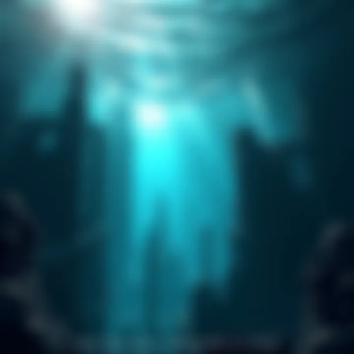 An illustration showing a submerged ancient city with ruins and structures beneath the waves near Cuba.