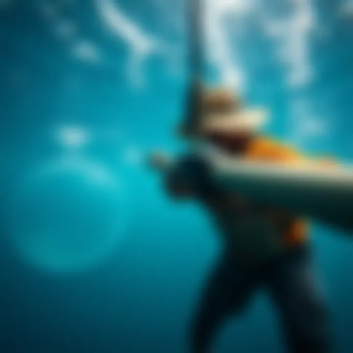 A spearfisher aims underwater, while a mysterious orb floats nearby