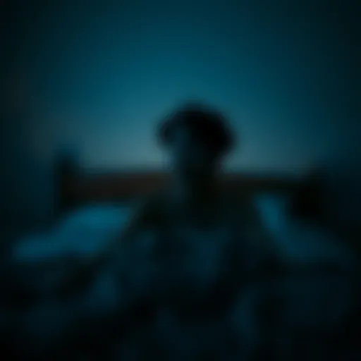 A person sitting up in bed looking nervous in a dimly lit bedroom, shadows on the walls make the room feel unsettling