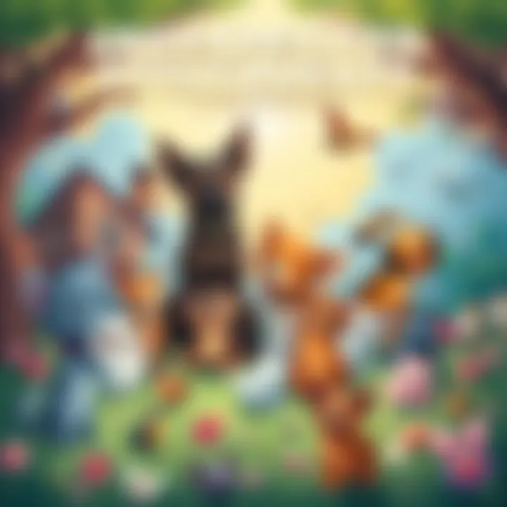 A colorful illustration showing various characters and pets people might bond with in their daydreams, with a whimsical background representing imaginative landscapes.