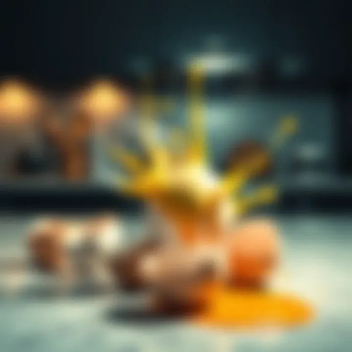 Unexpected Egg in Kitchen A kitchen scene with a surprising raw egg splatter on the counter, with empty egg shells nearby, showcasing the confusion of the moment.