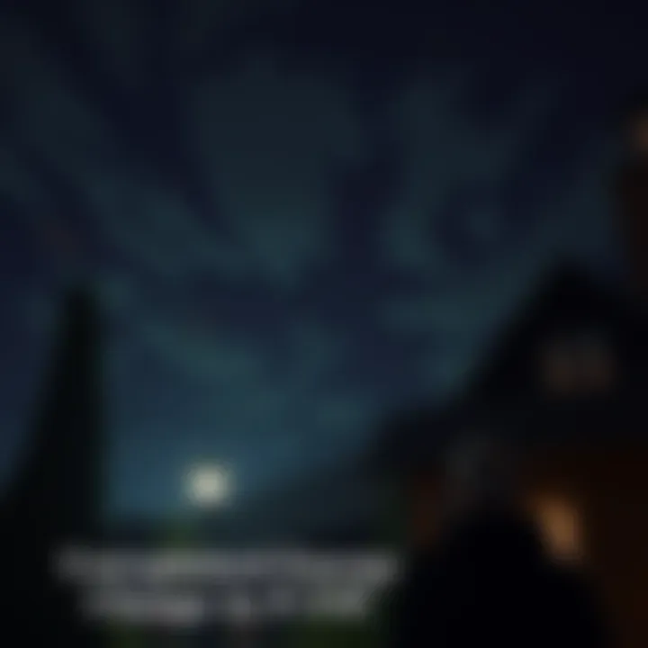 A view of a dark sky with scattered clouds and faint light streaks, symbolizing energy change. In the foreground, a resident looks concerned as strange lights appear outside their home.