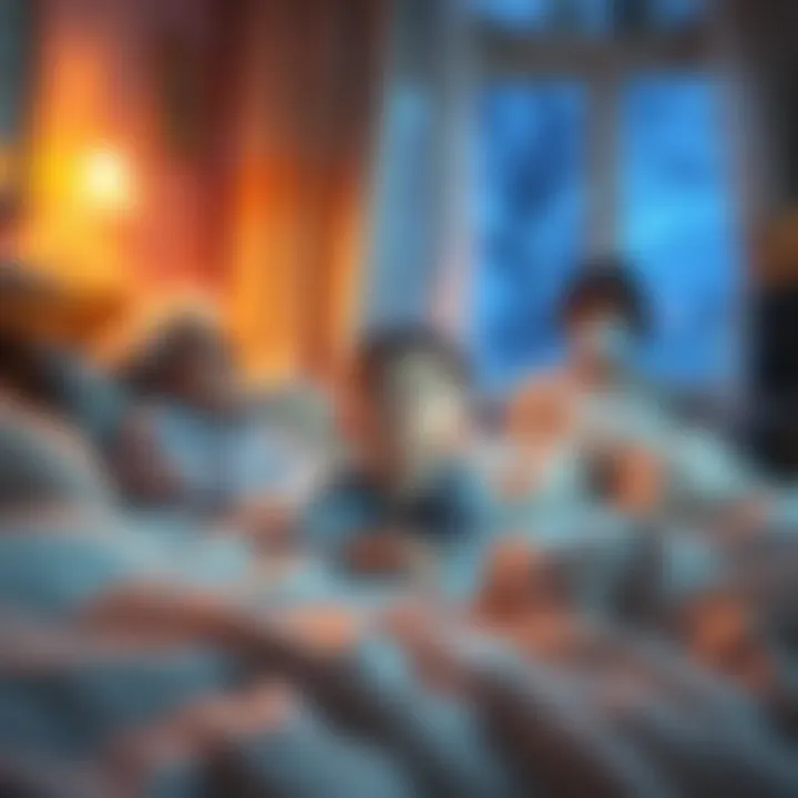 Unexpected Family Encounters A nostalgic scene featuring a child awakening in bed to the sight of grandparents and parents, capturing the essence of bewilderment and warmth.