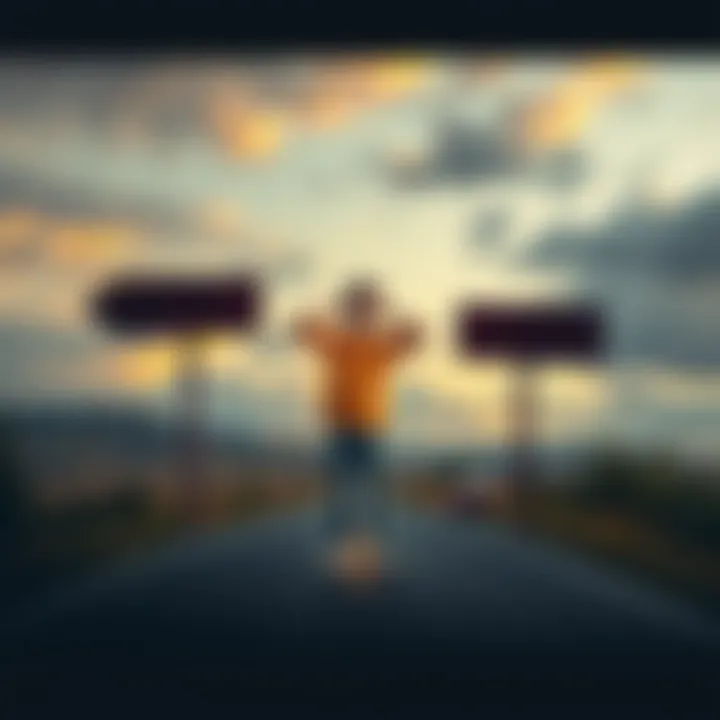 A person stands at a crossroads, looking surprised by unexpected results of their choices, with signs pointing in different directions.