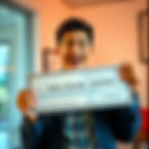 A happy person holding a check with large sum of money, smiling in disbelief, in a bright room.