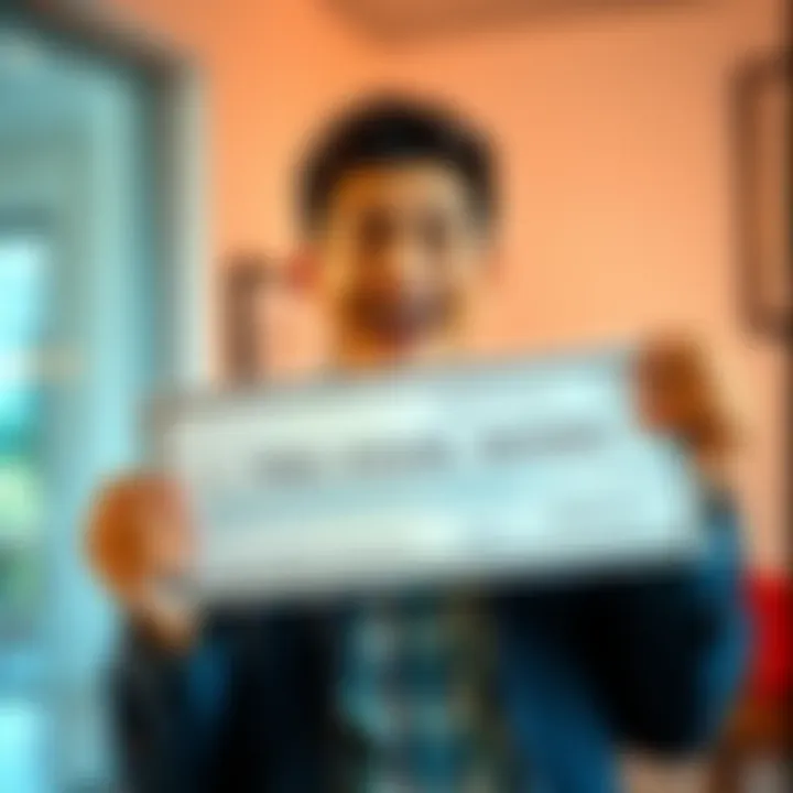 A happy person holding a check with large sum of money, smiling in disbelief, in a bright room.