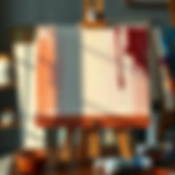 A close-up of an unfinished painting reflecting peaceful colors and brush strokes, inspired by Thich Nhat Hanh, set on an easel with art supplies nearby.