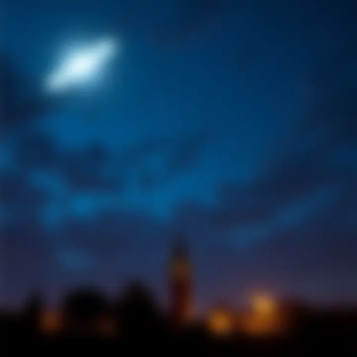 A glowing object flying through the night sky over the UK, observed by people below.