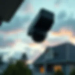 A still from home security footage showing a mysterious flying object in the sky